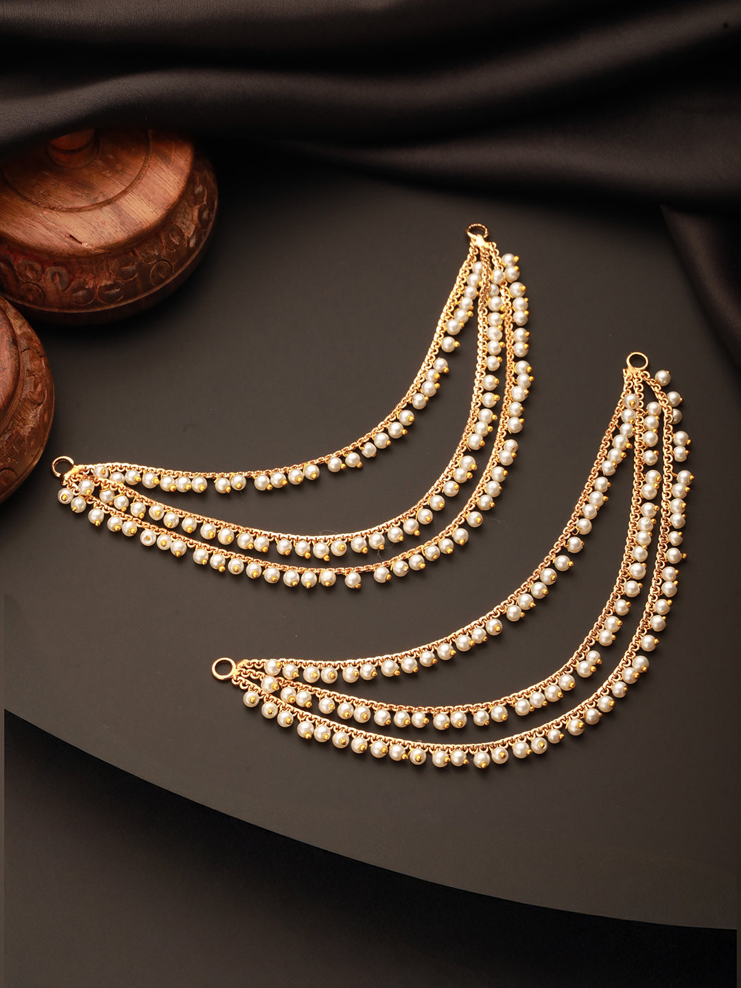 Gold Plated Temple Pearl Beaded  Multilayered Matil Earchain