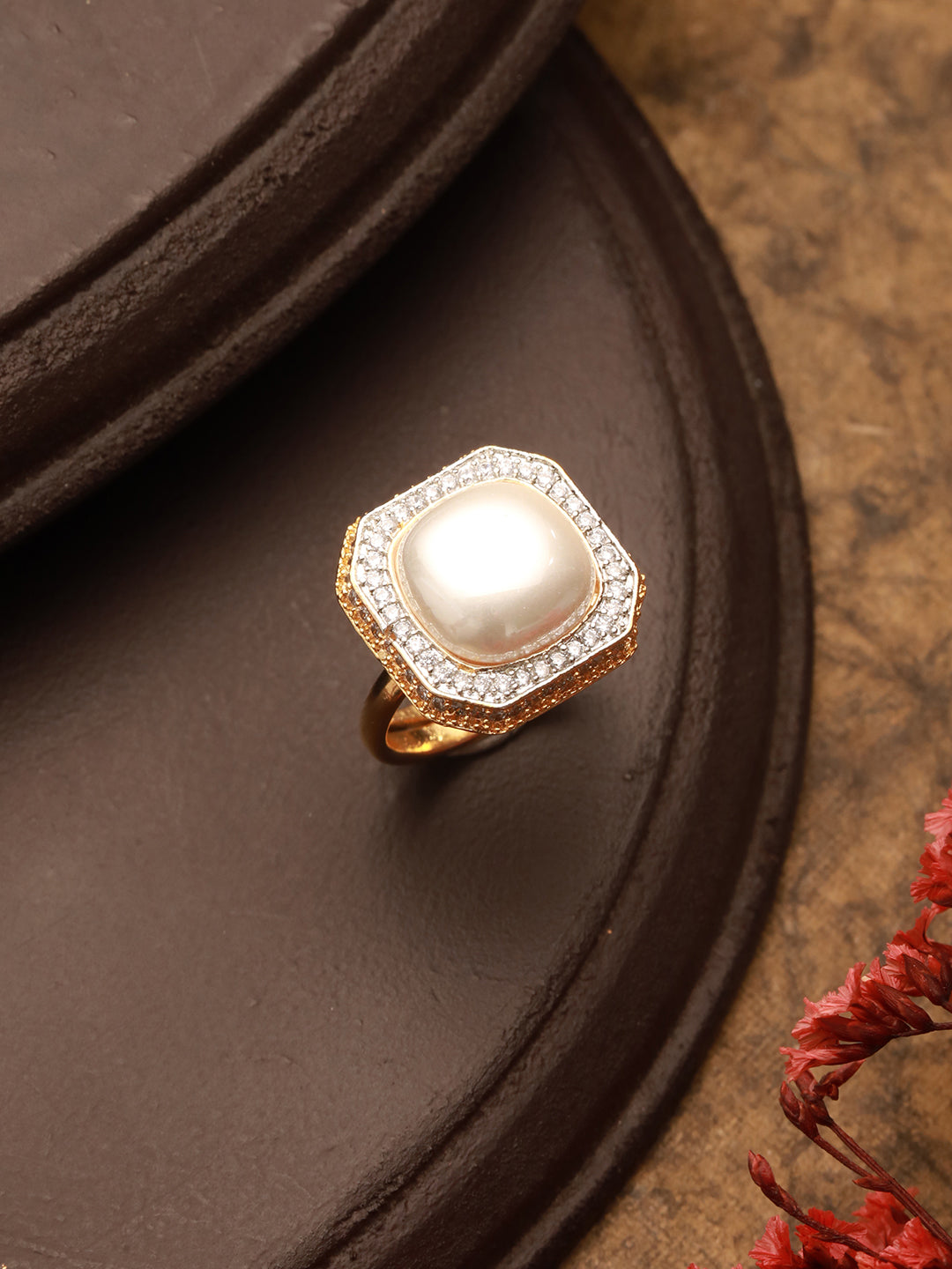 Gold Toned Off White Pearl Studded Engagement Luxe  Square Adjustable Finger Rings