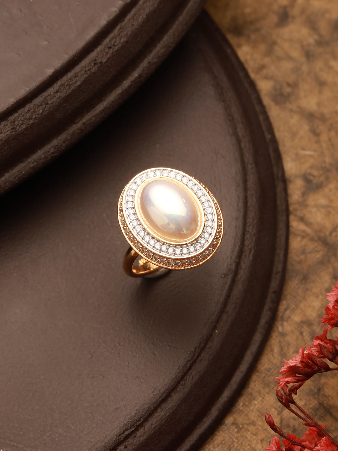 Gold Toned Off White Pearl Studded Engagement Designer Oval Adjustable Finger Rings