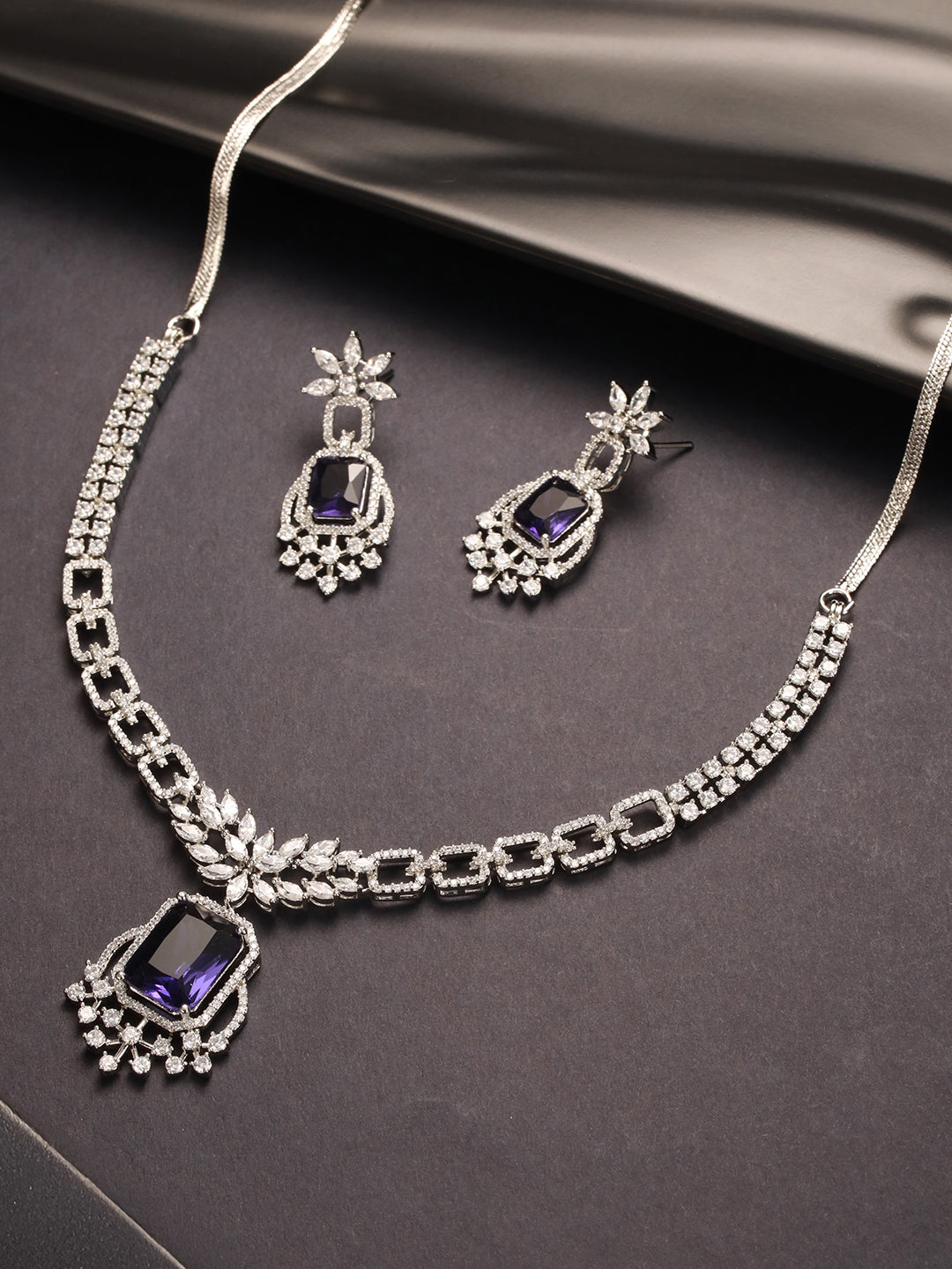 Silver Toned Purple Blue AD Zirconia Studded Floral Designer necklace Jewellery Set
