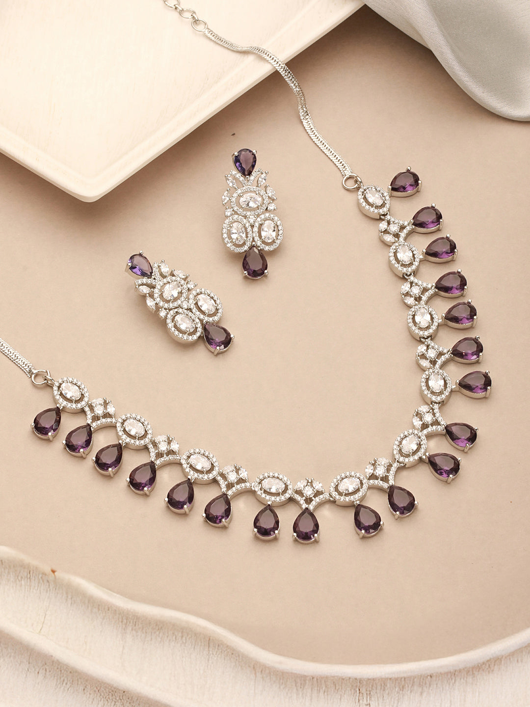 Silver Toned Rhodium Plated Amethyst AD Zirconia Studded Charms Designer Minimal Jewellery Set