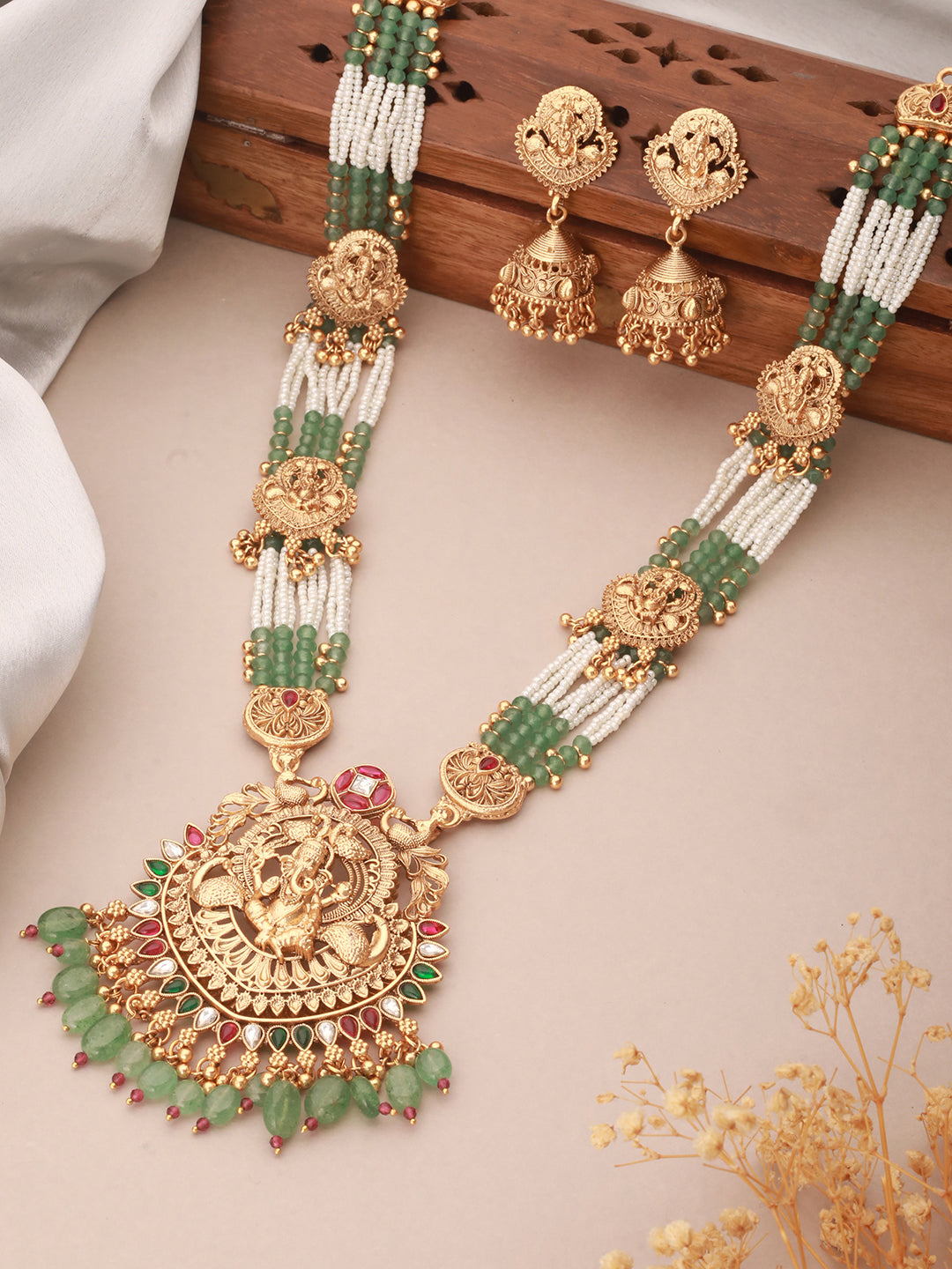 Gold Plated Green Pearl Beaded Ganesha  Motif Long haram Temple Jeellery Set