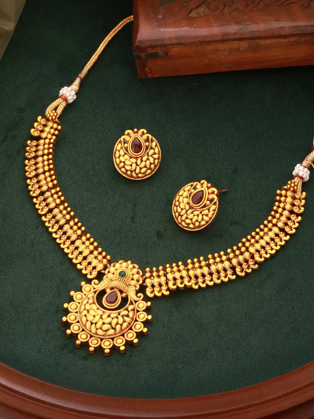 Gold plated Red Stone Studded Minimal Temple Choker jeellery Studds