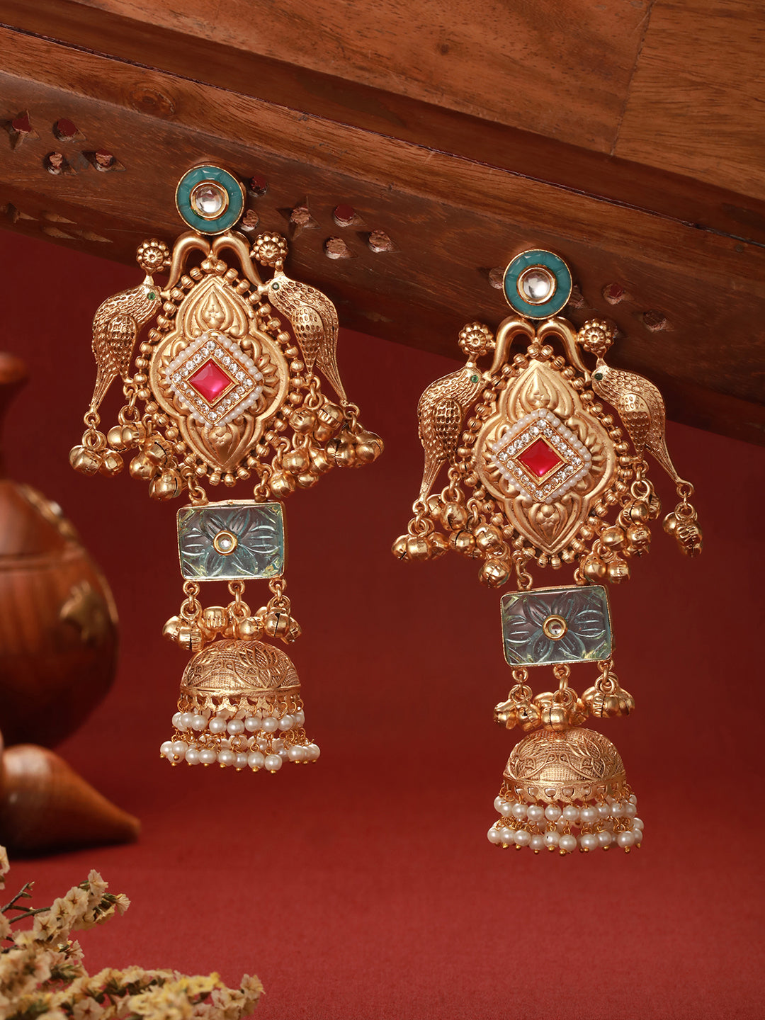 Gold Toned Kundan Studded Lightweight Bird Motif  Statement Bridal Jhumka Earrings