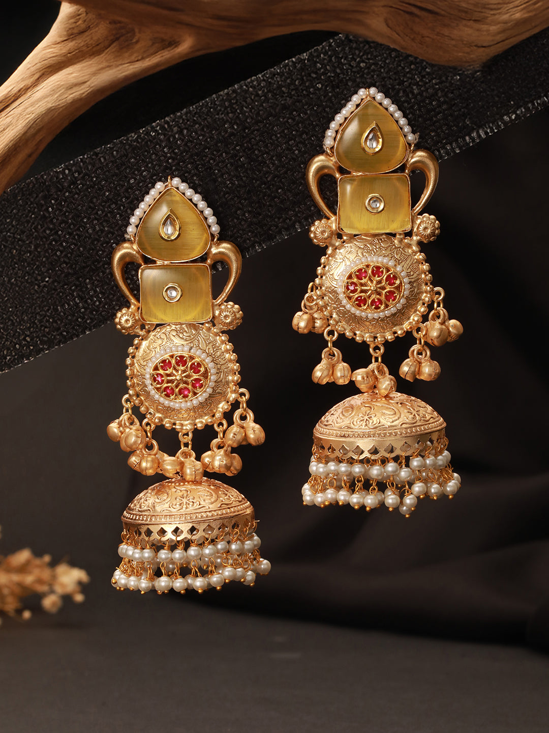 Gold Toned Yellow Stone & Kundan Lightweight Statement Large Jhumka Earrings