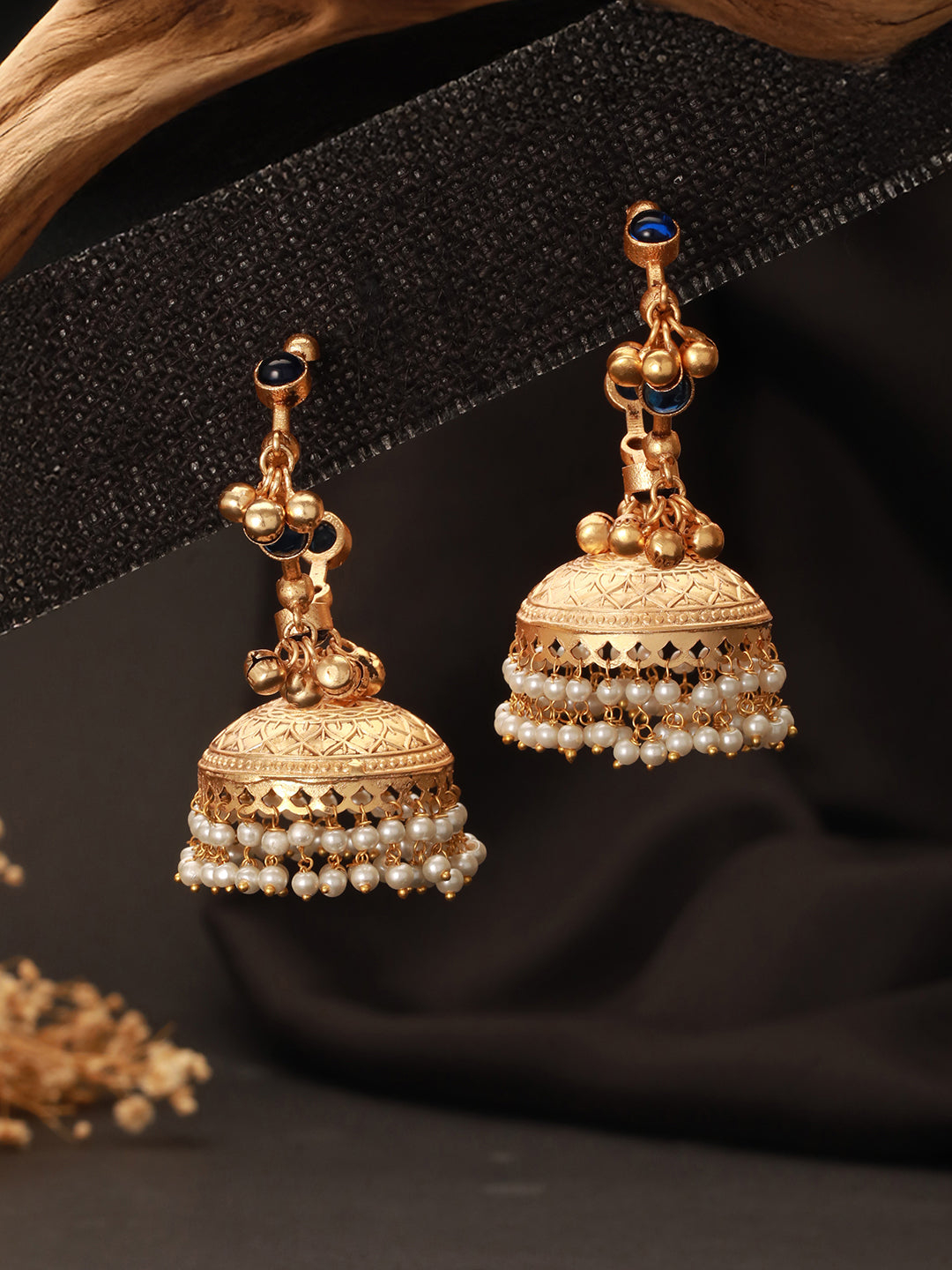 Gold Toned Blue Stone Studded Statement Ghungroo Hoop Jhumka Earrings