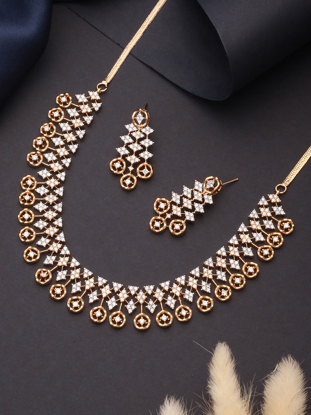 Gold Dual Toned C Zircon Studded Statement Geometric Partywear Necklace Jewellery Set