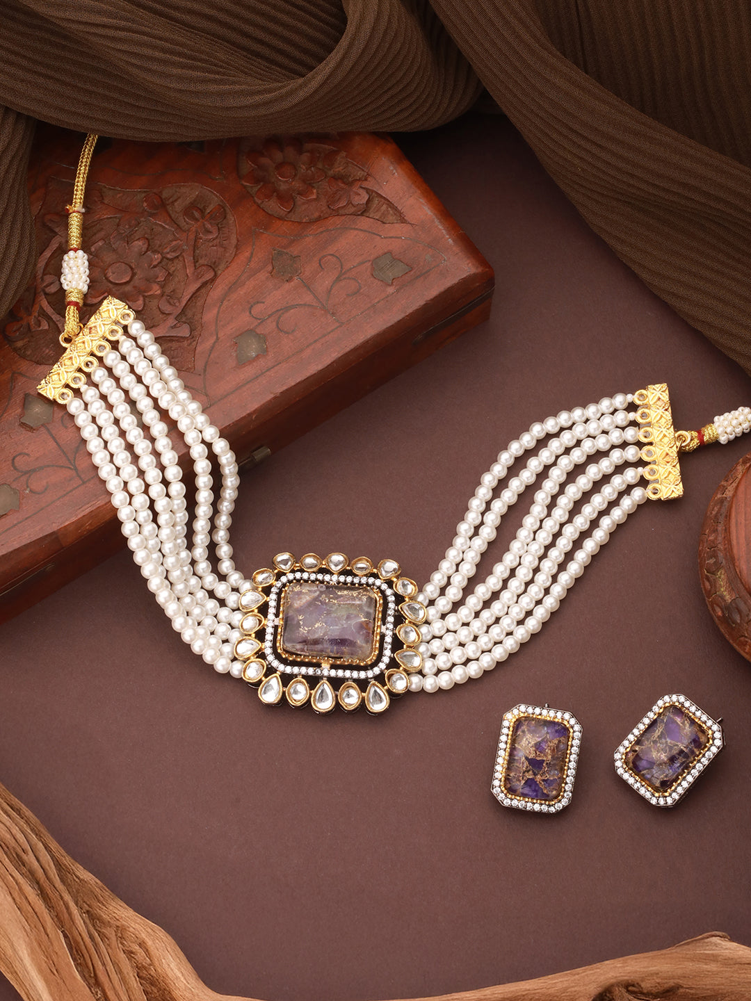 Gold Toned Amethyst Kundan Studded Layered Pearl Necklace Choker Jewellery Set