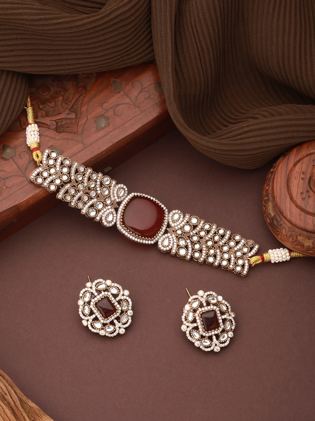 Gold  Toned Ruby Red Mossanite Kundan  Statement  Choker Jewellery Set