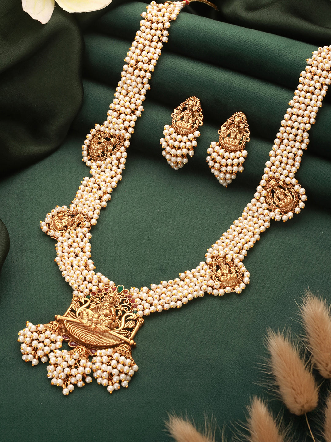 Gold Plated Pearl Beaded Haram Temple Lakshmiji Pendant Jewellery Set