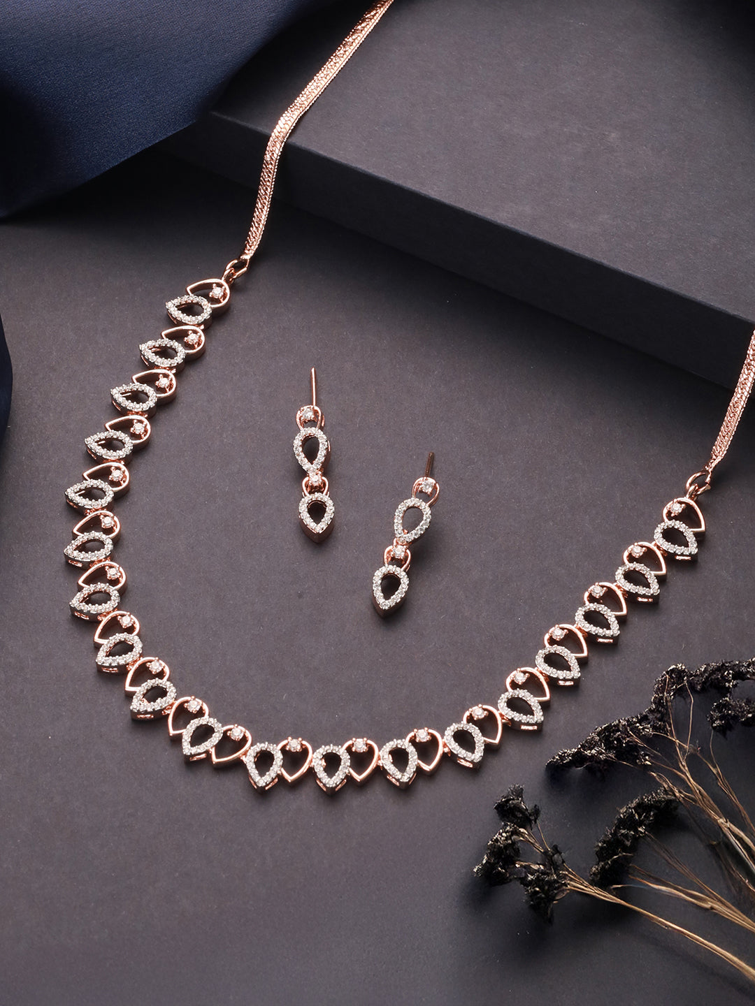 Rose Gold Toned Cubic Zircon Studded Pear Shaped Minimal Jewellery Set