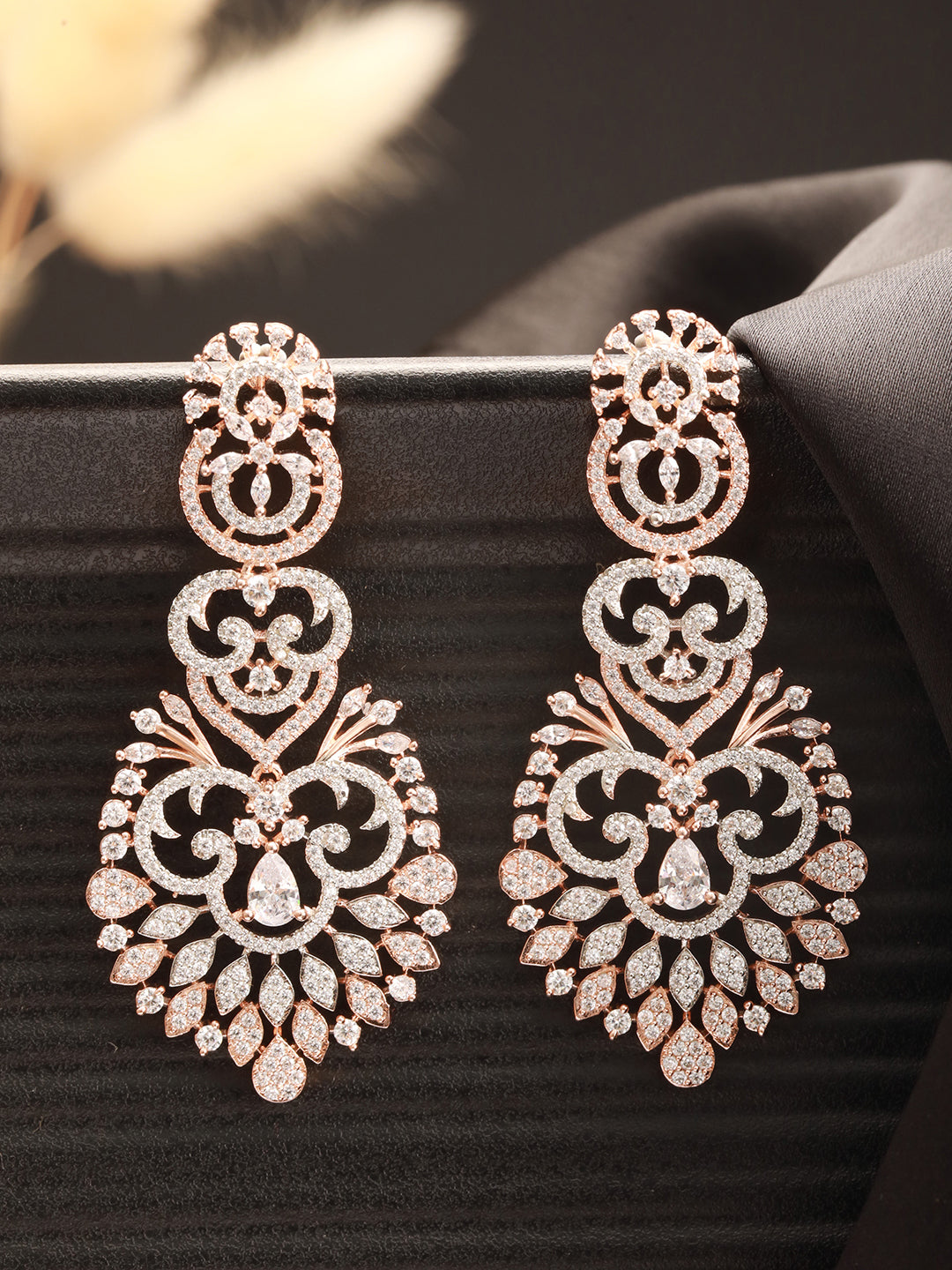 Rose Gold Toned Cubic Zircon Studded Designer Floral Dangler Earrings