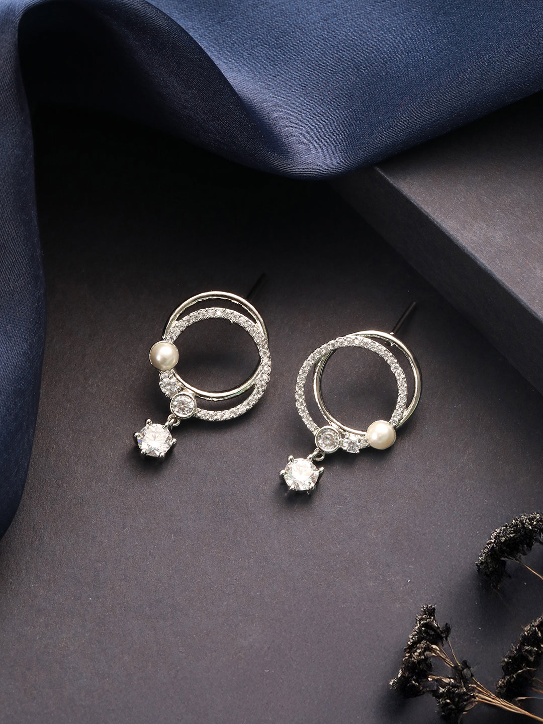 Silver Toned AD Studded  Hoop Drop Earrings