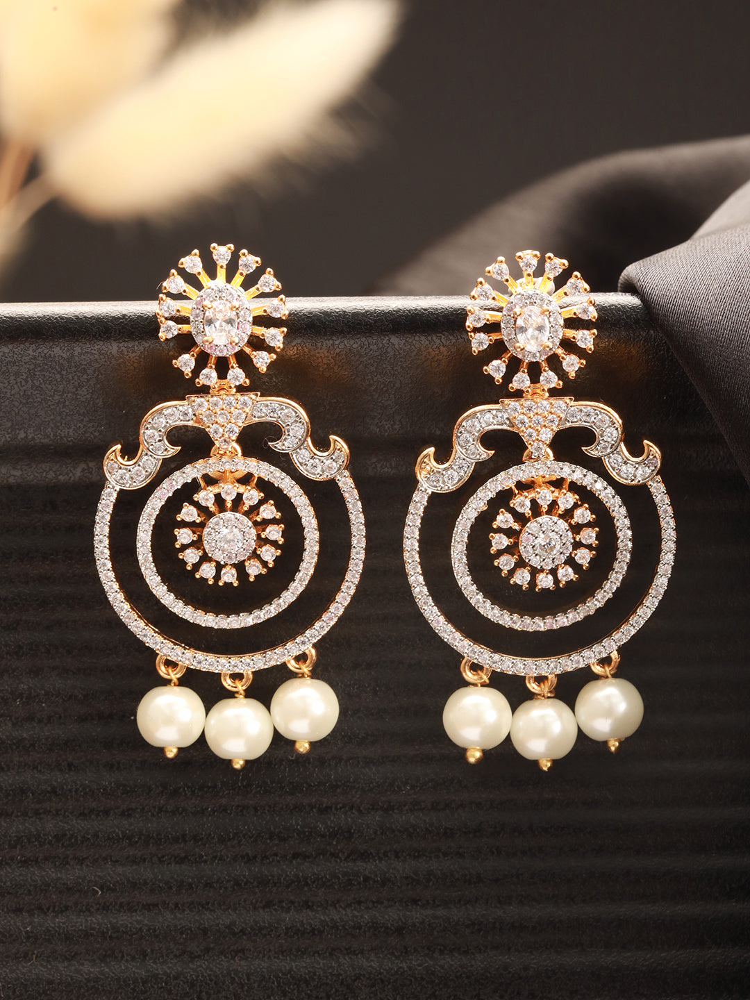 Gold Toned Cubic Zirconia & Pearl Beaded  Designer  Chandelier Chandbali Drop Earrings