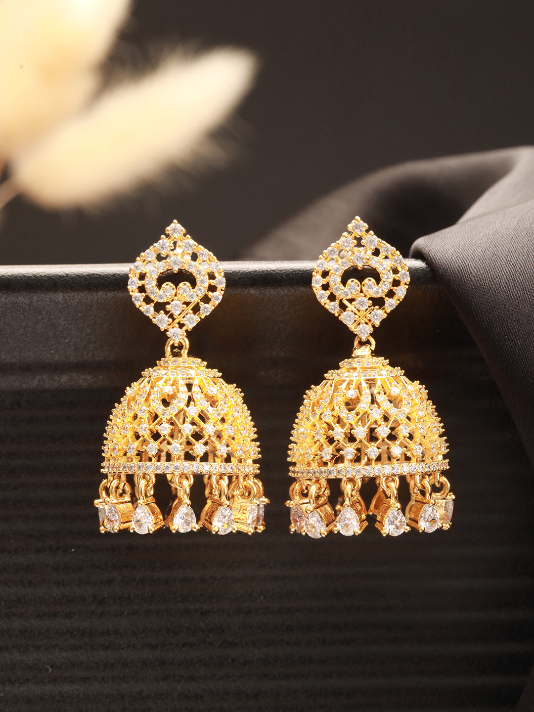 Gold Plated Cubic Zircon Studded Statement Jhumka Earrings