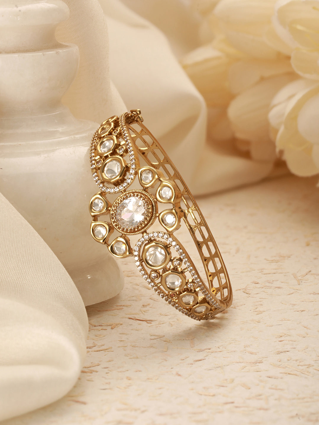 Gold Polish White Kundan Mossanaite Studded Floral Openable Kada Bracelet
