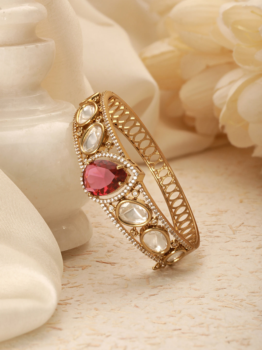 Gold Polish Ruby Red Kundan Mossanaite Tilak Shaped Openable Kada Bracelet