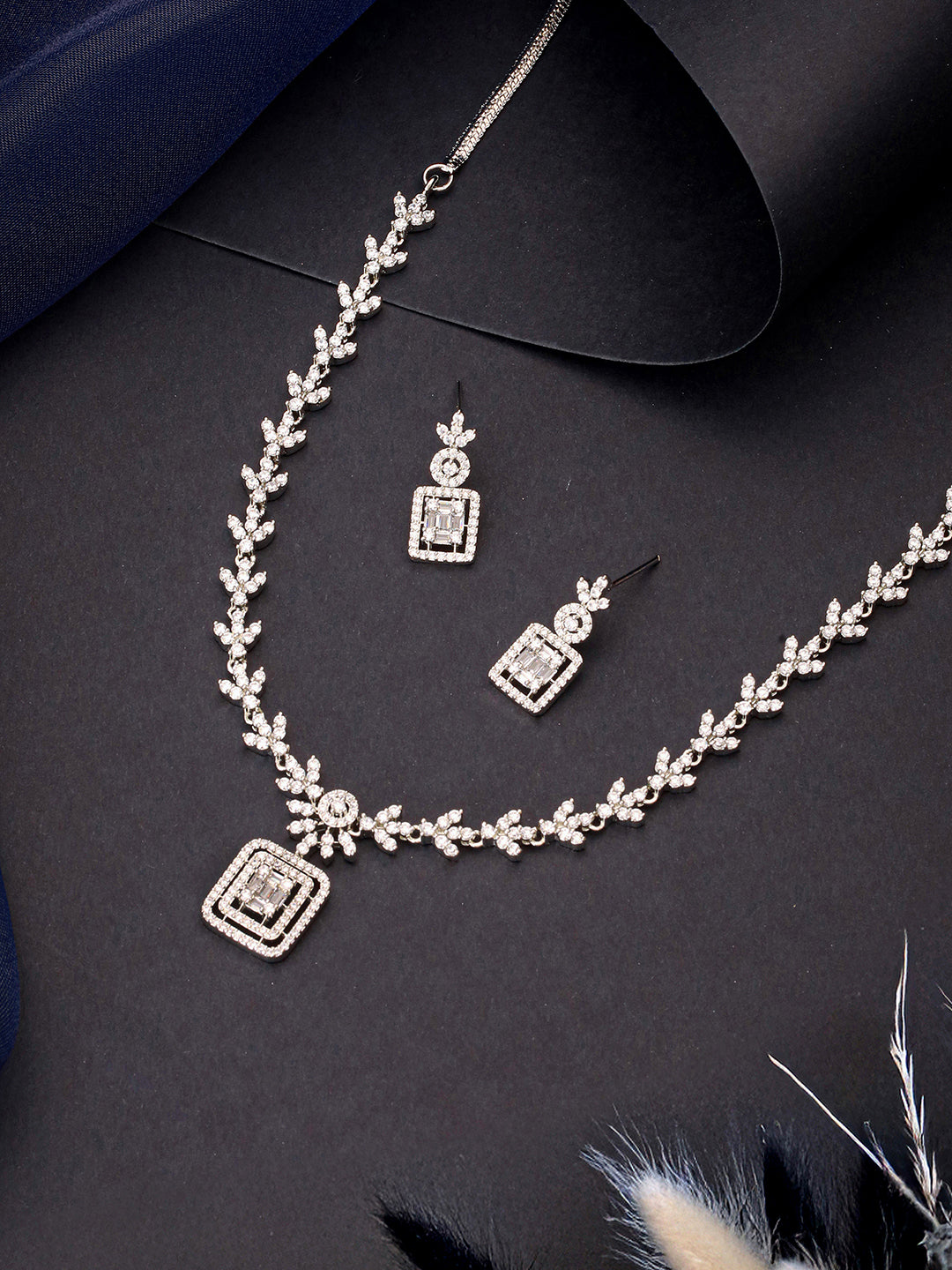 White Rhodium Cubic  Zircon Studded Delicate Square Pendant  Necklace Jewellery  Set