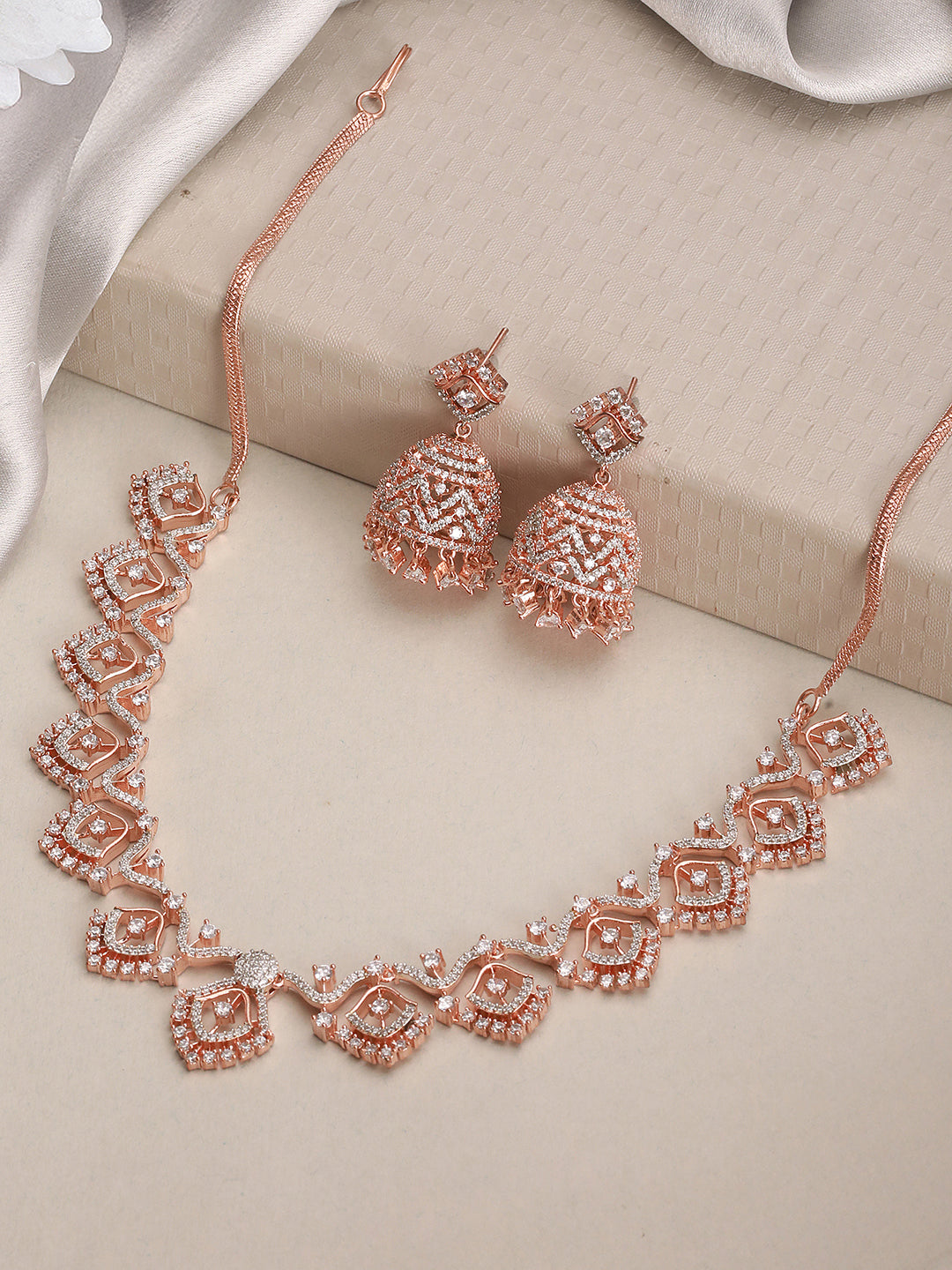 Rose Gold AD  Studded Statement Designer With  Classic Jhumka Earrings Necklace Jewellery Set