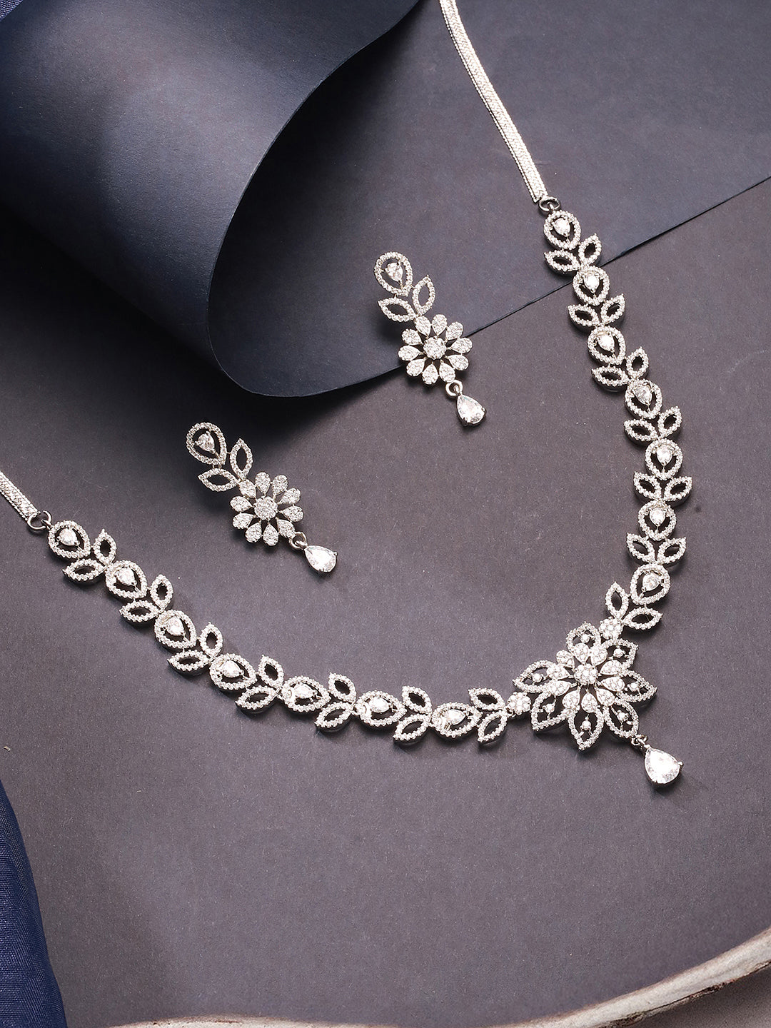 White Rhodium AD Studded Floral Design Statement Pendant Neckalce jewellery Set
