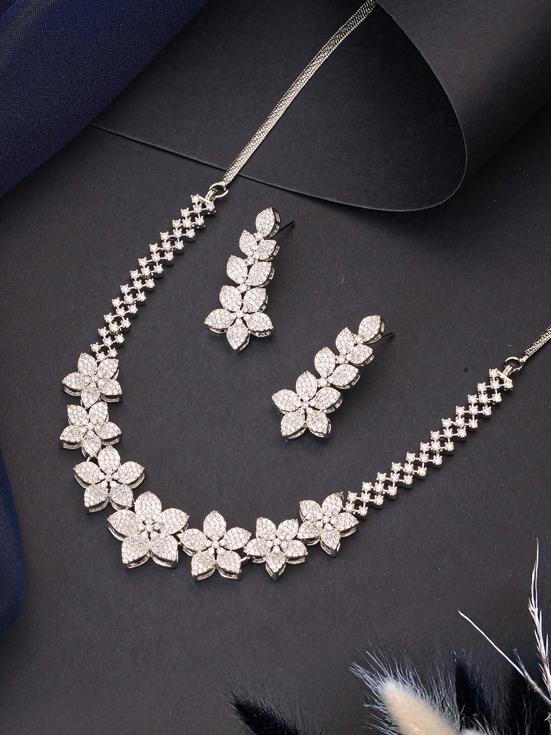 White Rhodium Plated Cubic Zircon Studded Statement Floral Luxe Necklace Jewellery Set