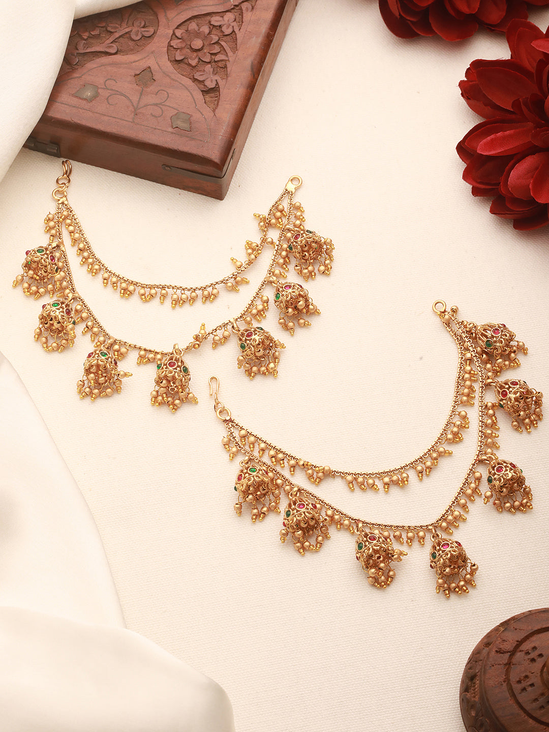 Gold Plated Double Layered Pearls Matil  Jhumka Design Champaswaralu  Temple  Ear Chain Earrings