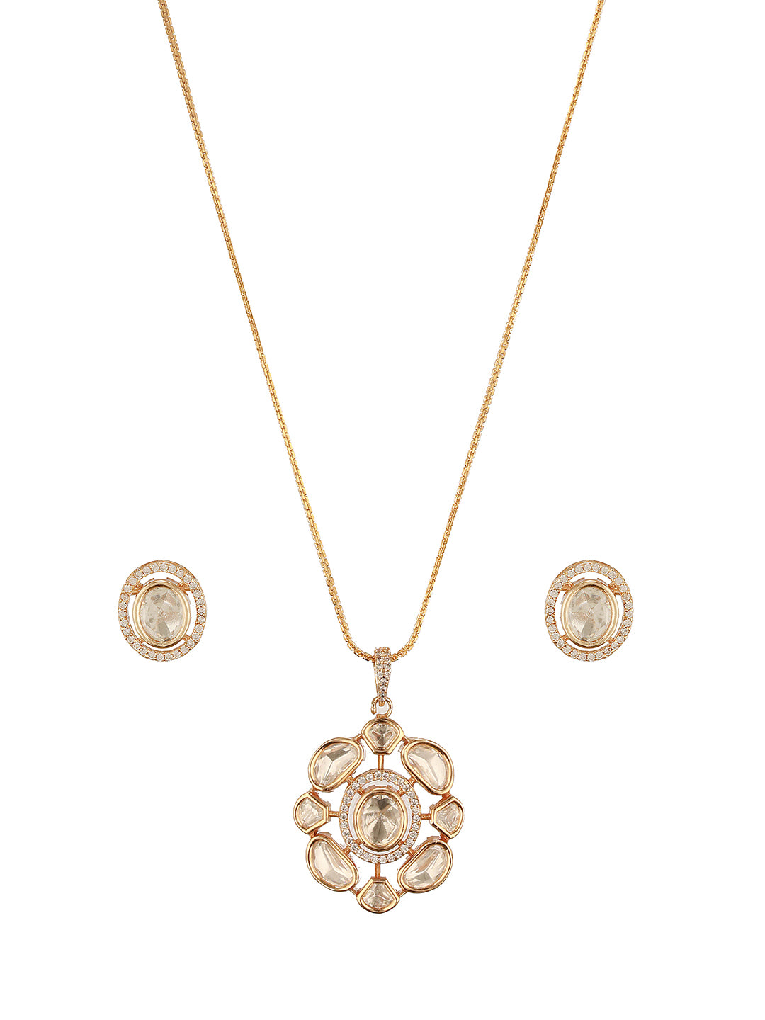 Gold Plated White Kundan Polki Studded Floral Minimal Locket Pendant Jewellery Set
