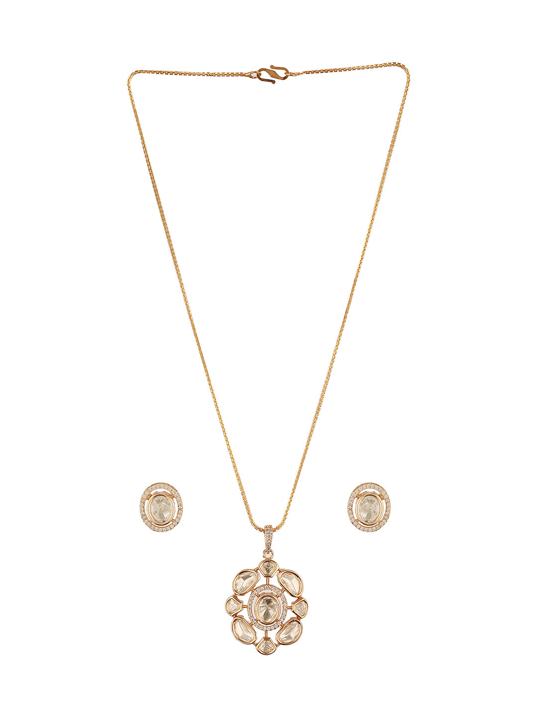 Gold Plated White Kundan Polki Studded Floral Minimal Locket Pendant Jewellery Set