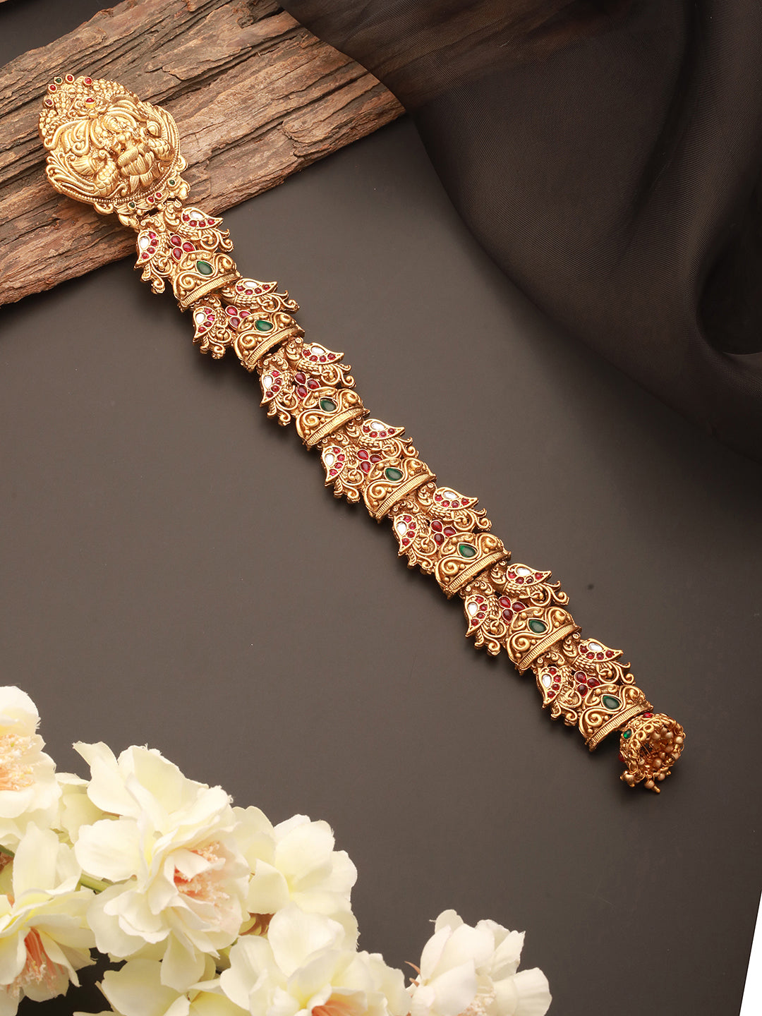 Gold Plated Red Kempo Studded Nagas Lakshmiji  Peacock  Temple Jadai Billa  Bridal Hair Braid Choti