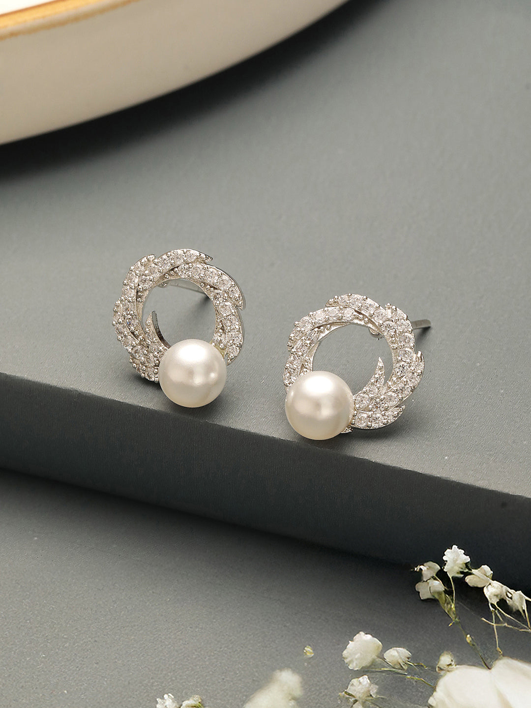 Silver Plated AD & Pearl Studded Floral Minimal  Contemporary Studds earrings