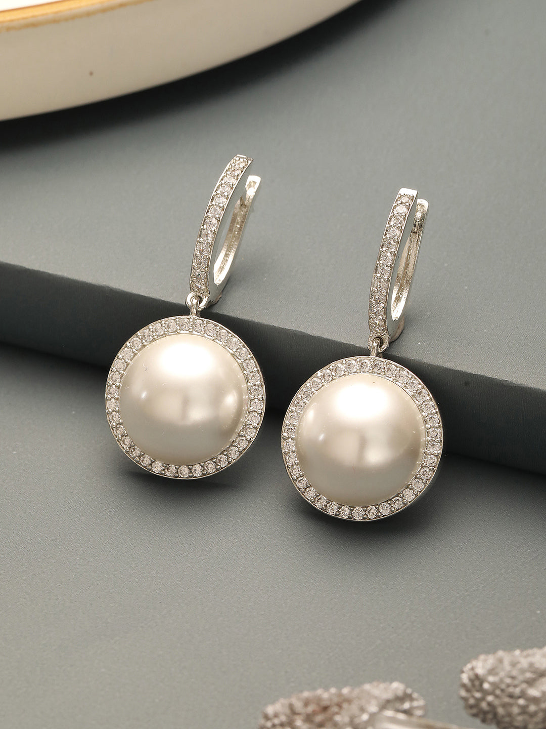 Silver Plated AD  Studded Circular Pearl  Drop Minimal Bali dangler Earrings
