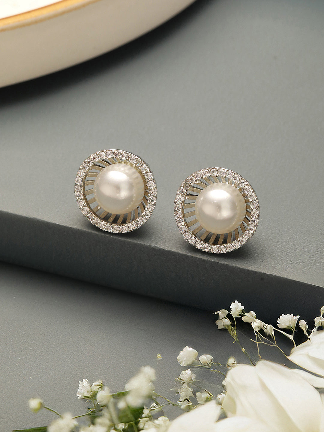 Silver Plated AD Studded Orbital  Pearl Minimal Studds Earrings