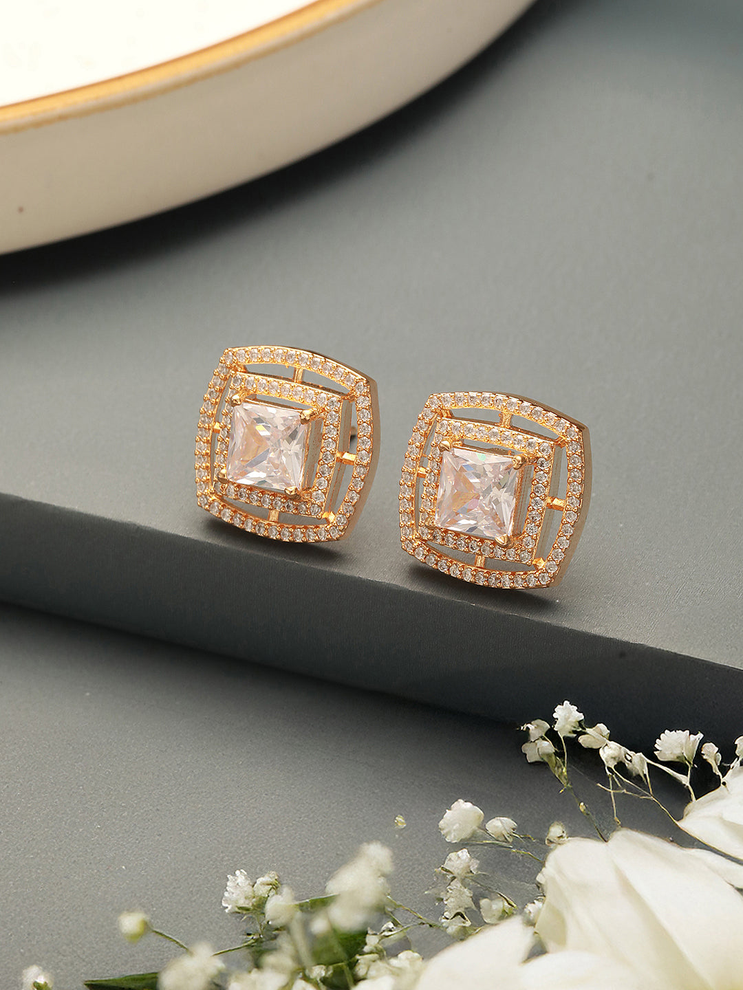 Gold Plated AD Studded Delicate Minimal Maze Solitaire Studds Earrings