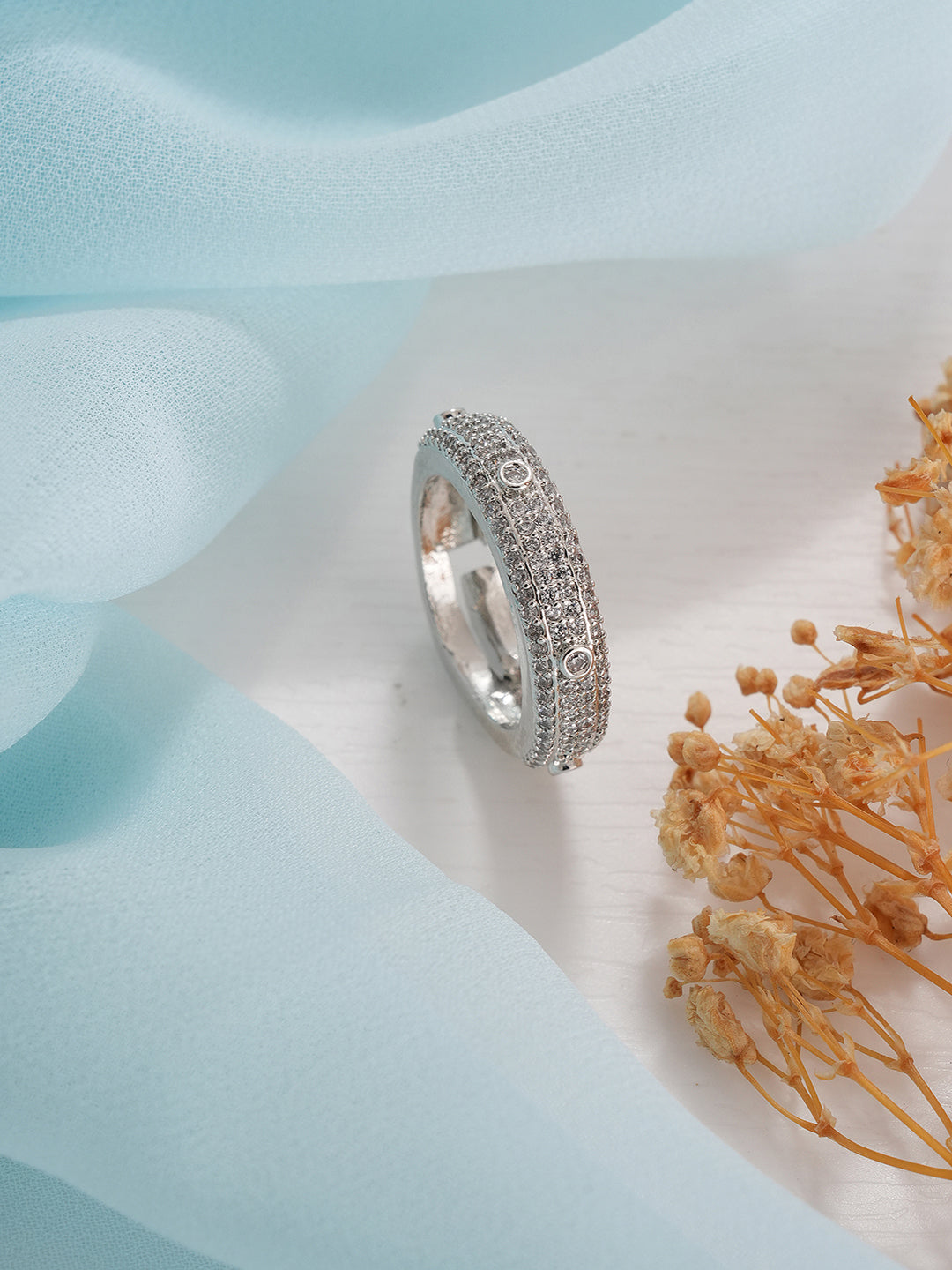 White Rhodium AD Studded Minimal Engagement Band Adjustable Finger Ring