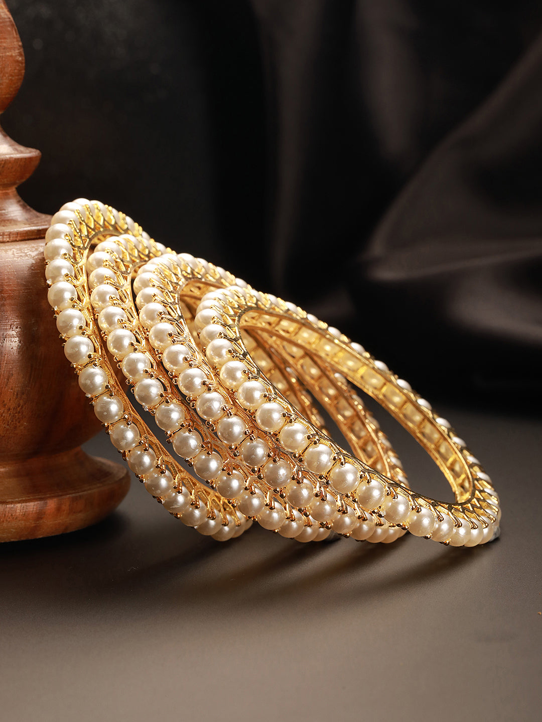 Set Of 4 Gold Polish Pearl Beaded Partywear Bangles