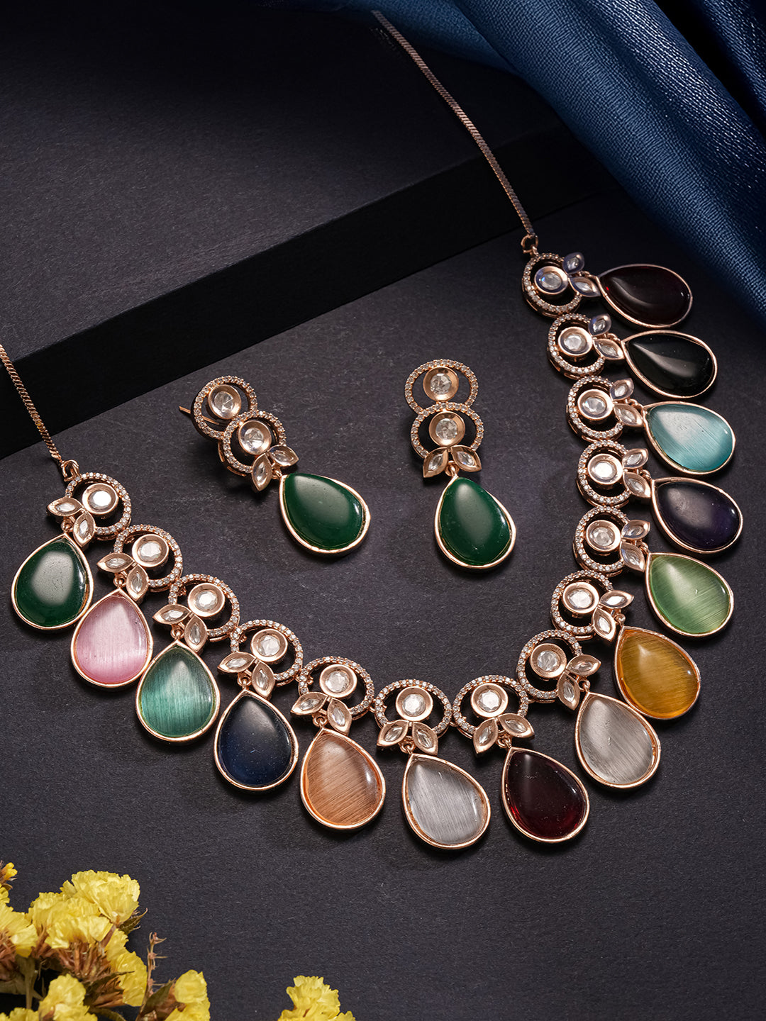 Gold Plated Navratan Multicoloured Kundan Studded Layered Floral Designer Jewellery Set