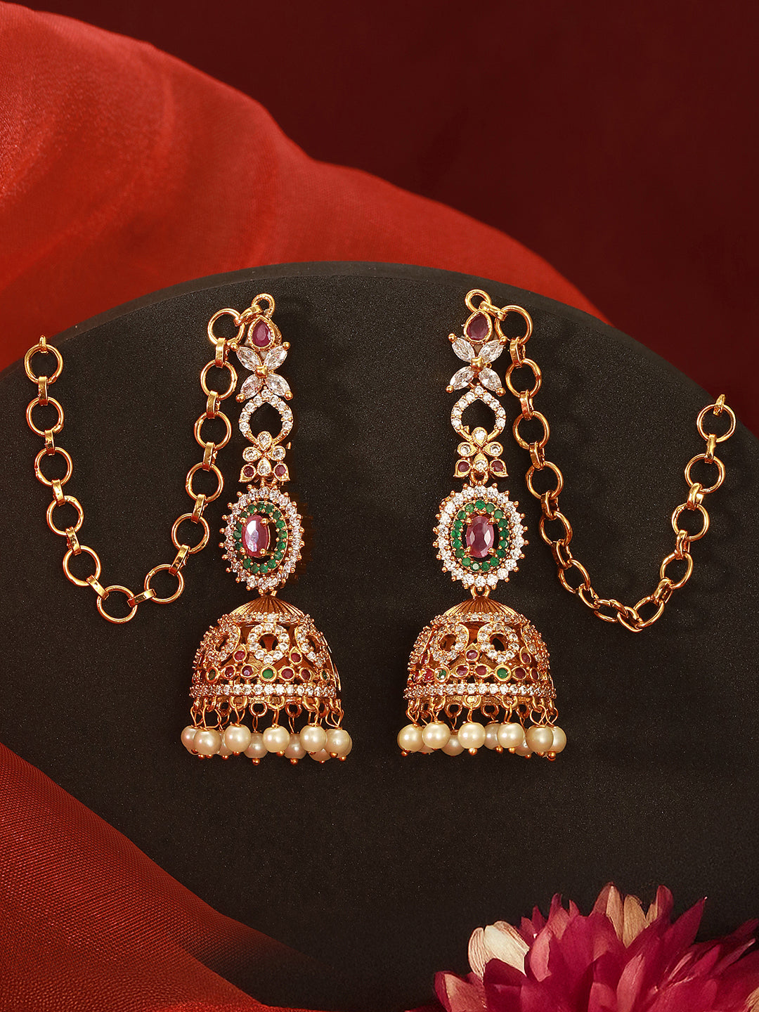 Antique Gold Plated Ruby Red Zircon AD Studded With Matil Earchain Earrings