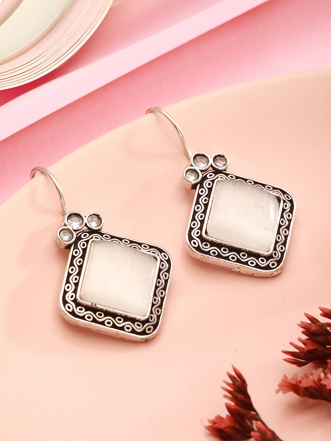Silver Oxidised  Plated White Stone Studded Square Minimal Fish Hook Earrings