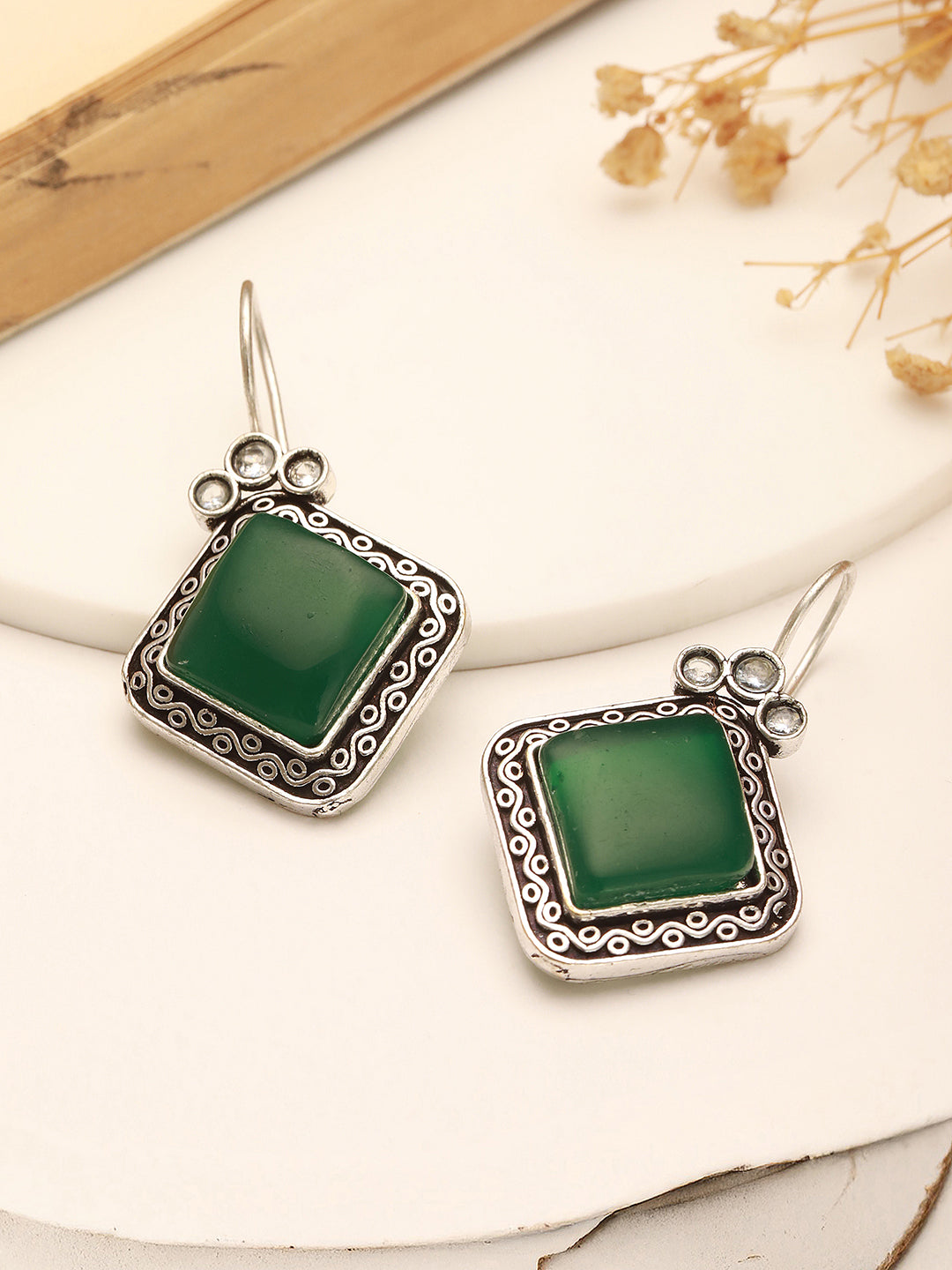 Silver  Oxidised Plated Green  Stone Studded Square Minimal Fish Hook Earrings