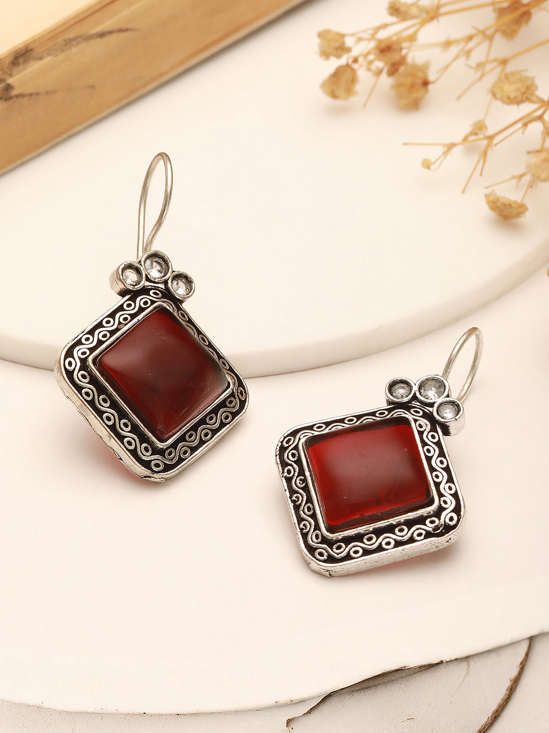 Oxidised Silver Plated Red  Stone Studded Square Minimal Fish Hook Earrings