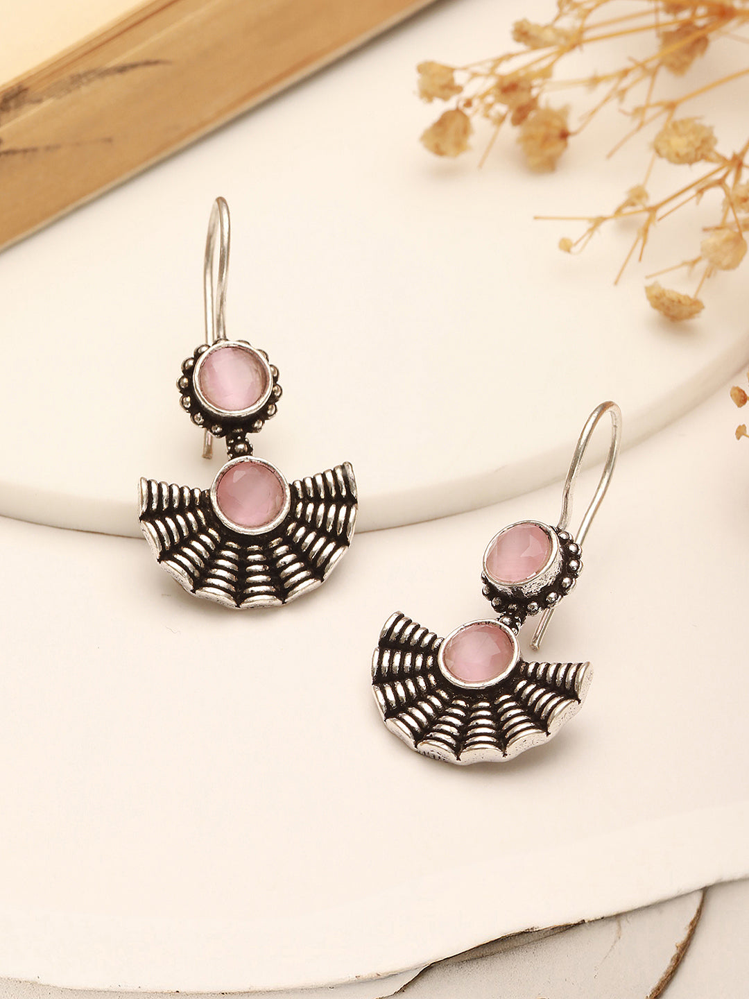 Oxidised Silver Plated Pink  Stone Studded Minimal Fan Shaped Fishhook Earrings
