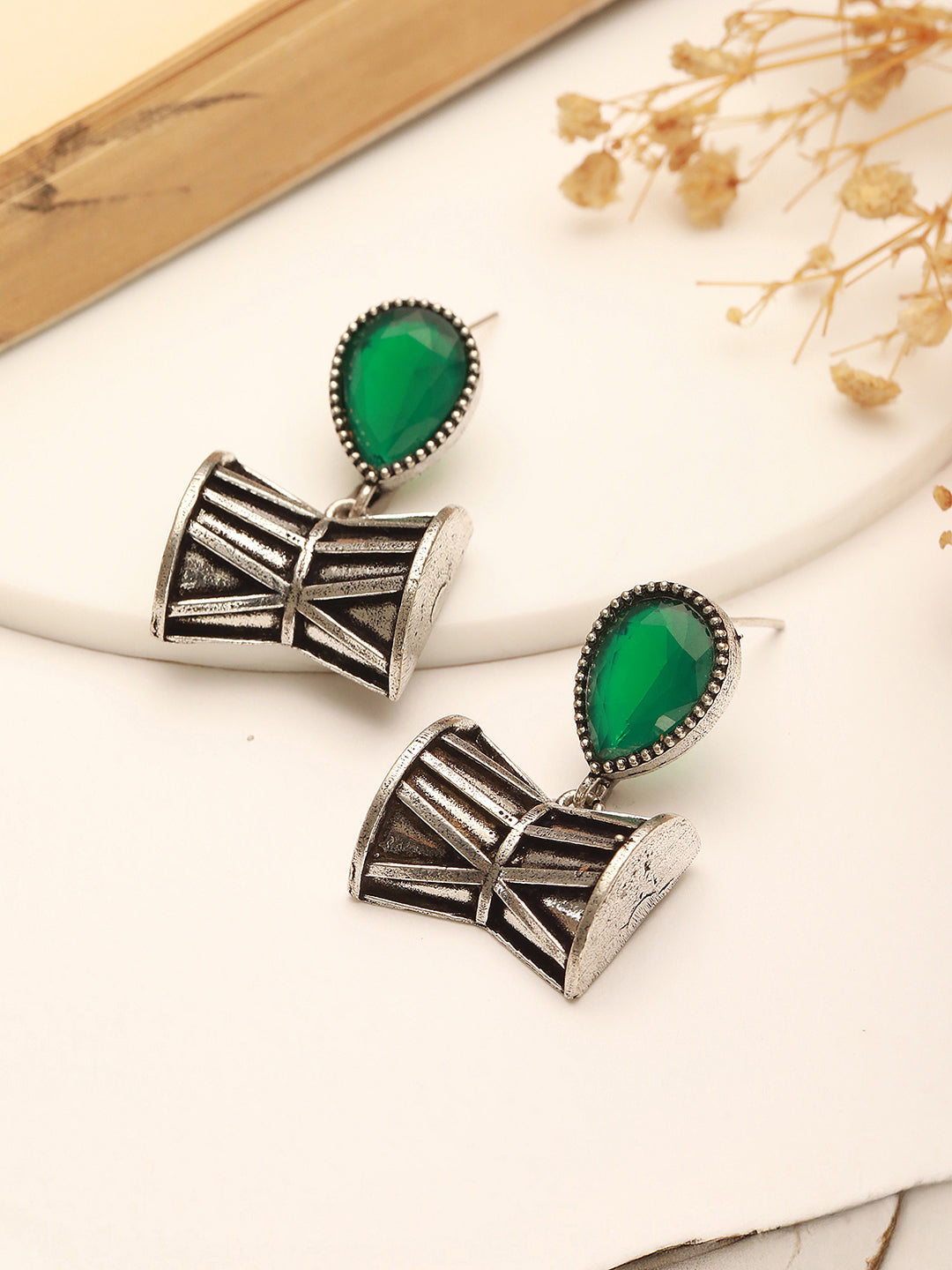 Oxidised Silver Toned Emerald AD Zircon Studded Handcrafted  Damru Shaped Studds Earrings