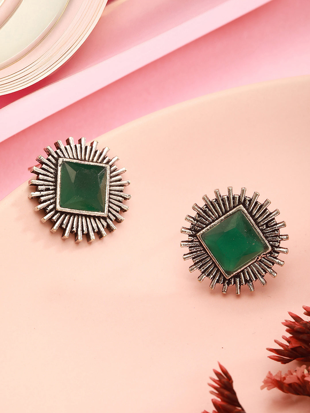 Oxidised Silver Toned  Emerald Green  Stone Studded Geometric Square Shaped Minimal Studds Earrings