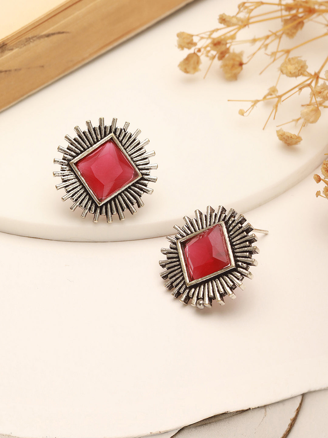 Oxidised Silver Toned Ruby Red  Stone Studded Geometric Square Shaped Minimal Studds Earrings