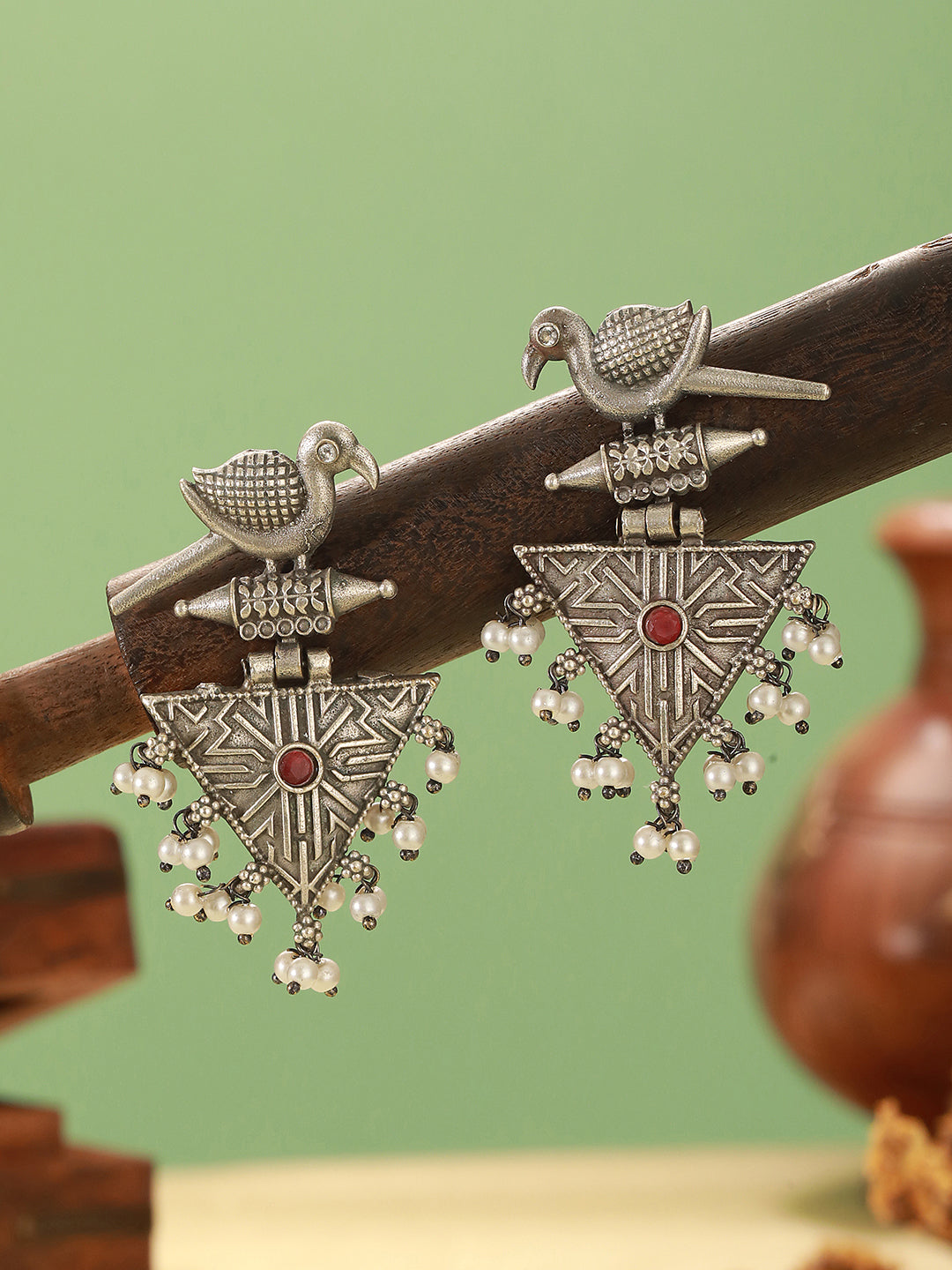 Oxidised Silver Toned Red Stone & Pearl Beaded Drop Handcrafted  Long Dangler Minimal Statement Earrings