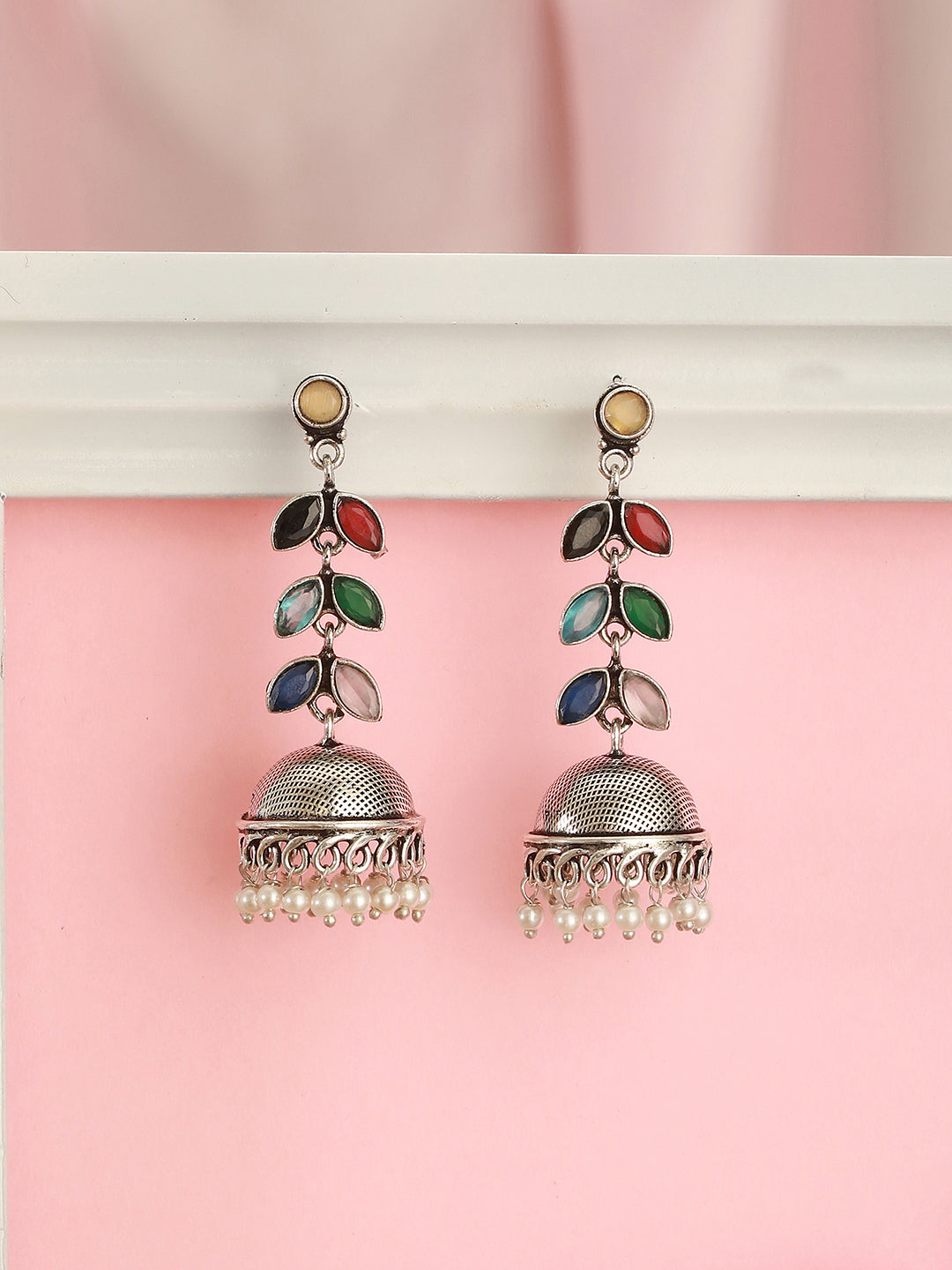 Oxidised Silver Toned Multicolored Handcrafted  Leaf Design Dangler Minimal Jhumka  Earrings