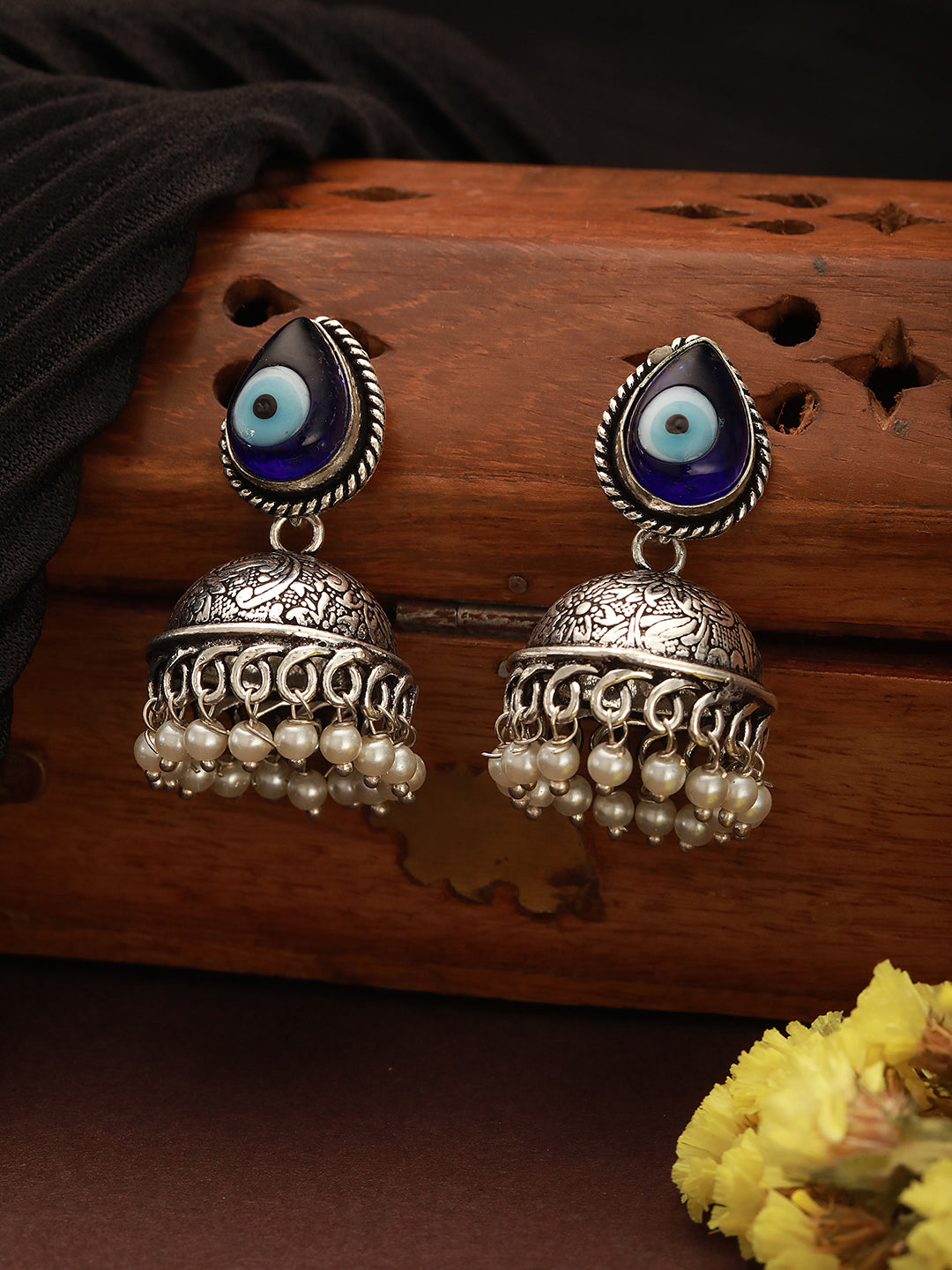 Oxidised Silver Toned Evil Eye Handcrafted  Minimal Trendy Jhumka Earrings