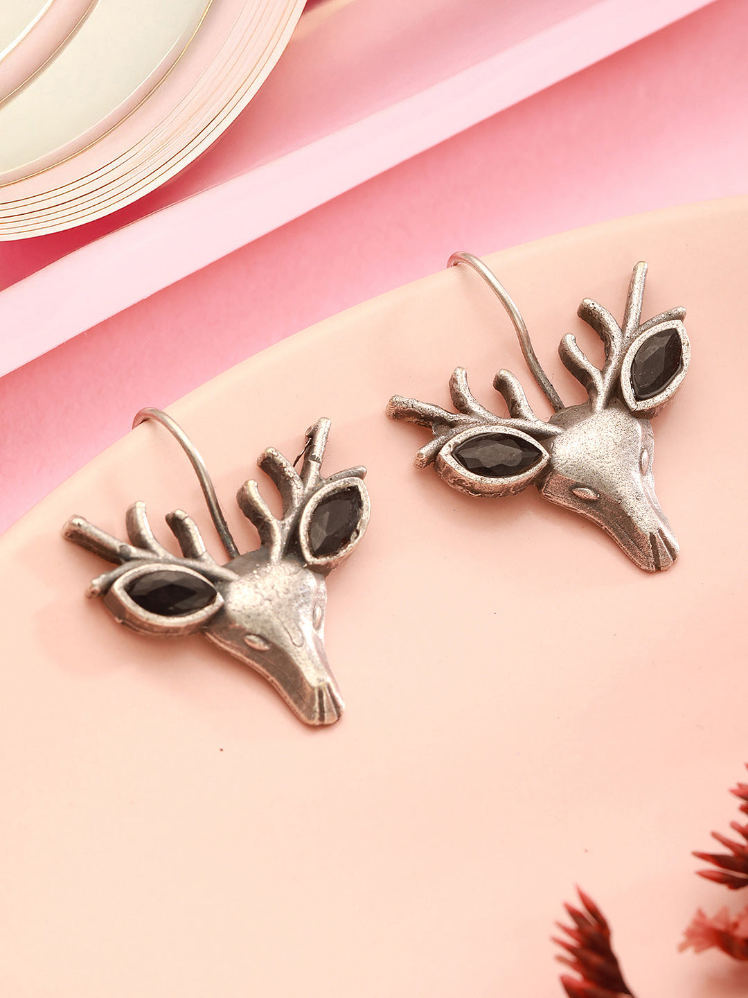 Oxidised Silver Toned Handcrafted Swamp Deer Shaped Studds Earrings