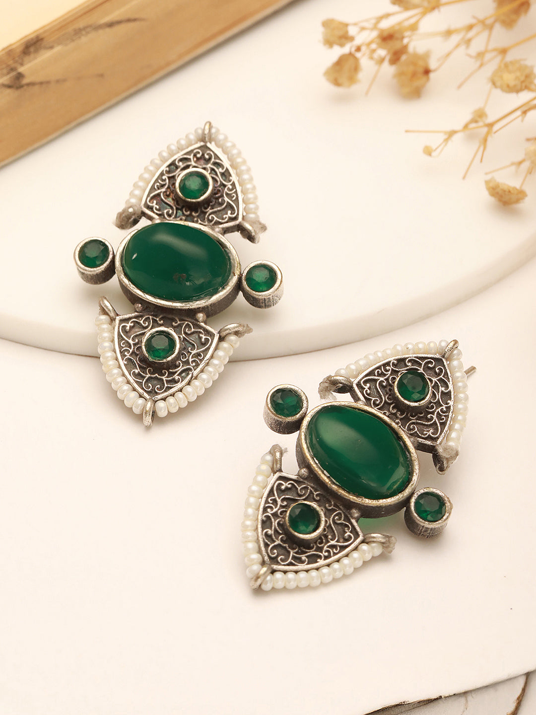 Oxidised Silver Toned Green Stone Studded Unique Pearl Beaded Handcrafted Studds earrings
