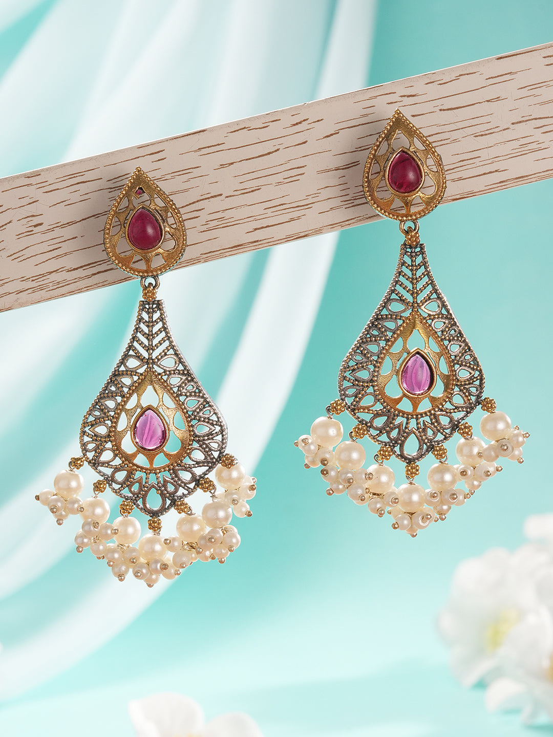 Oxidised Red Stone Studded Filigree Handcrafted Dangler Chandbali Earrings